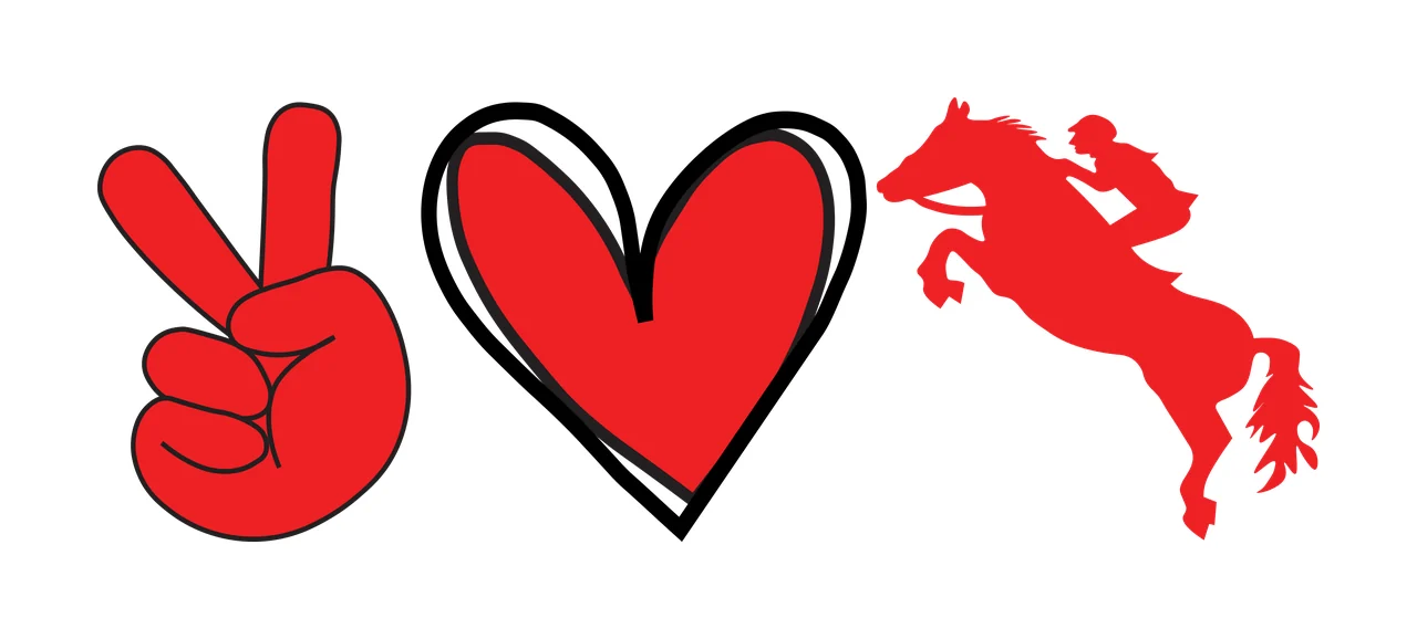 Peace sign, heart, and horseback rider silhouettes Illustration with red peace sign hand, red heart with black outline and red horseback rider silhouette in white