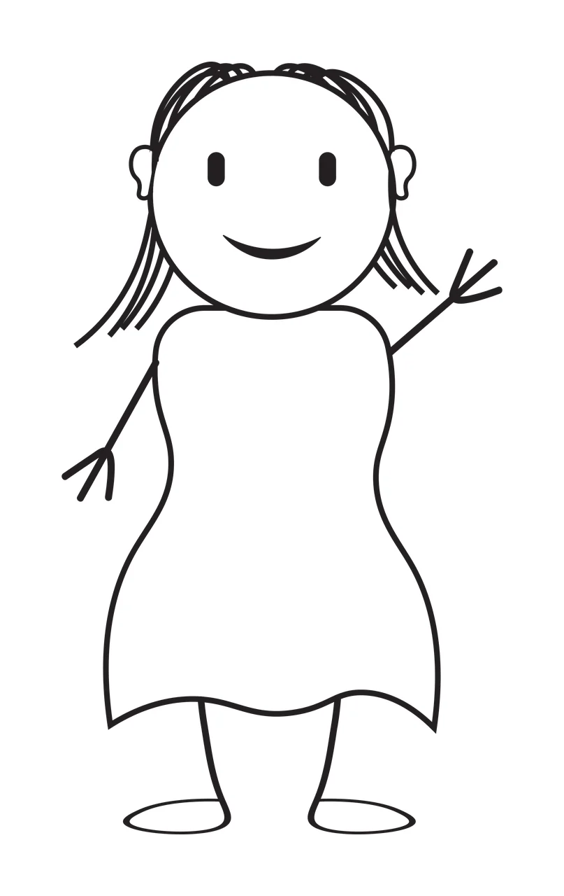 Line Art Illustration of Stick figure person with shoulder-length hair, dress, stick arms and smiling face in black and white