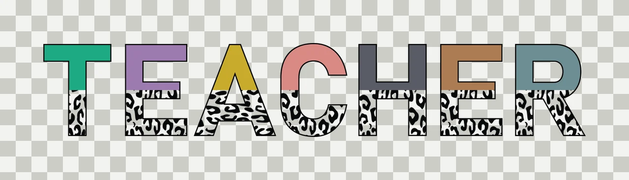 TEACHER Typography Design with TEACHER text, leopard print pattern and colored letter blocks in green, purple and yellow transparency and detail preview thumbnail