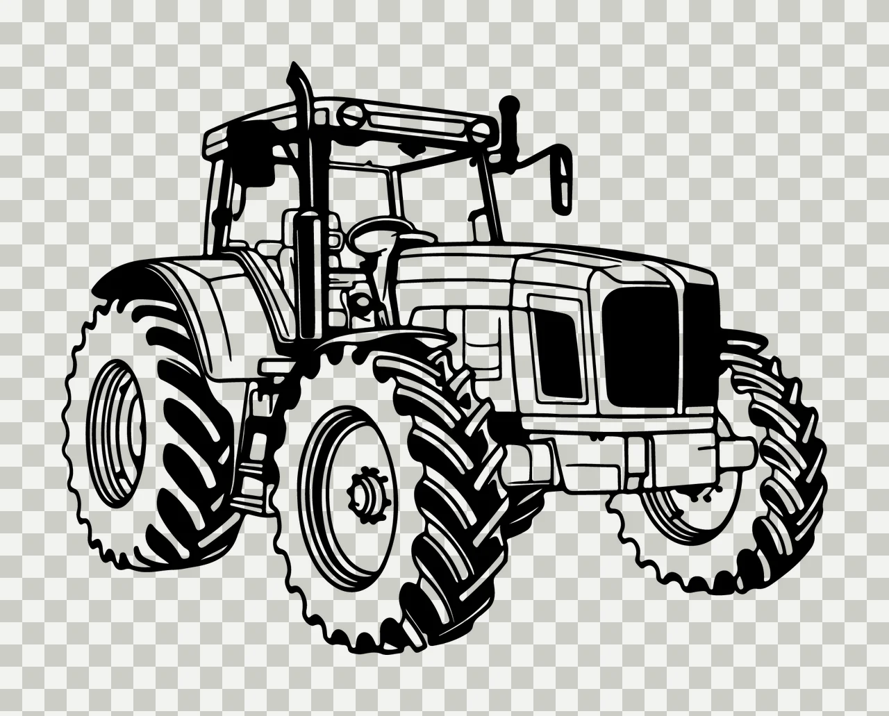 Black Line Drawing Agricultural Tractor standing wheels exhaust pipe transparency and detail preview thumbnail