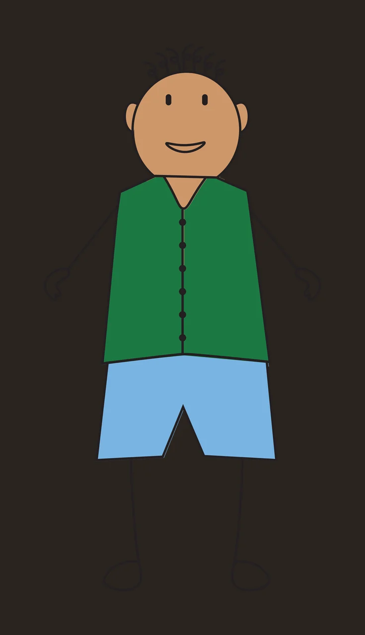Cartoon Illustration of stick figure person with tan face, curly hair, green vest and blue shorts contrast preview thumbnail
