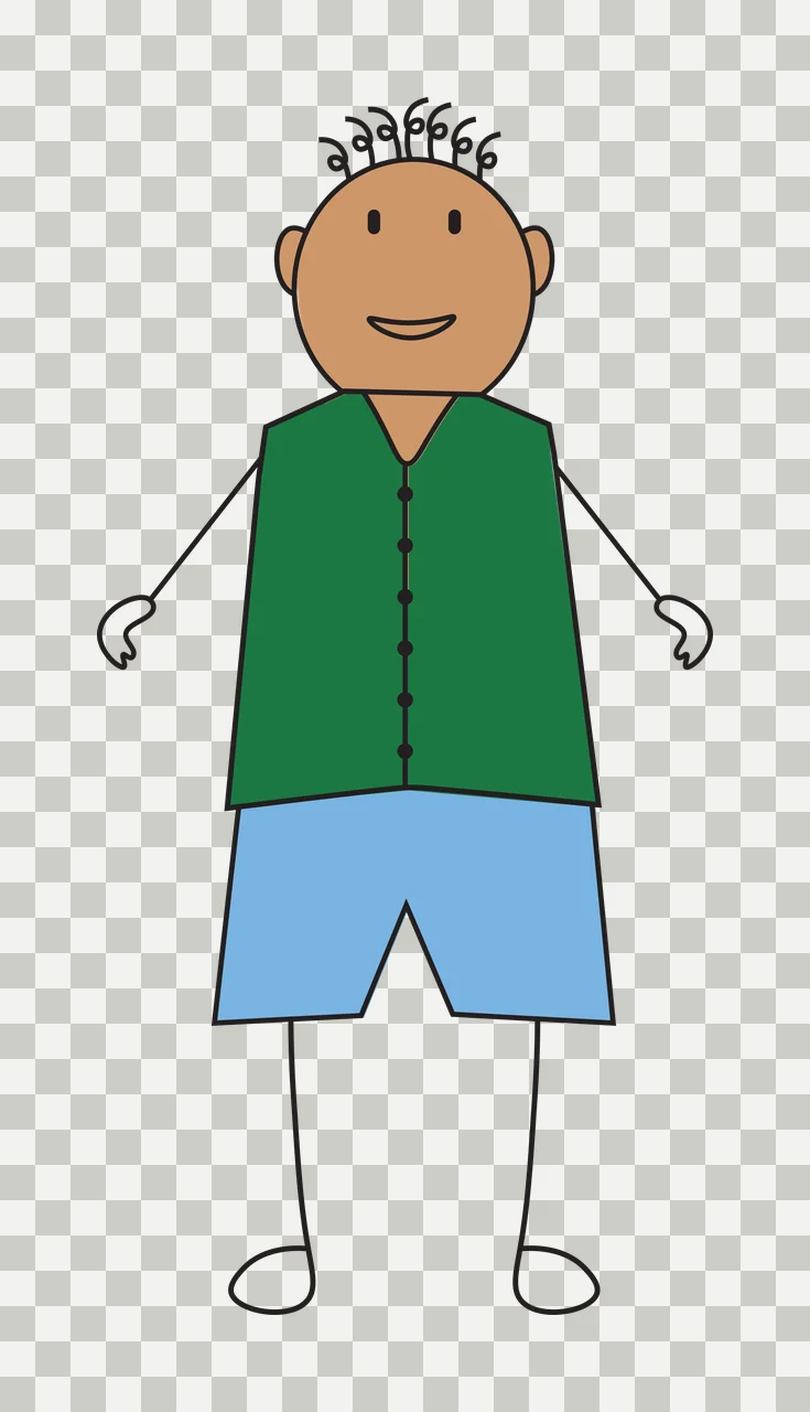 Cartoon Illustration of stick figure person with tan face, curly hair, green vest and blue shorts transparency and detail preview thumbnail