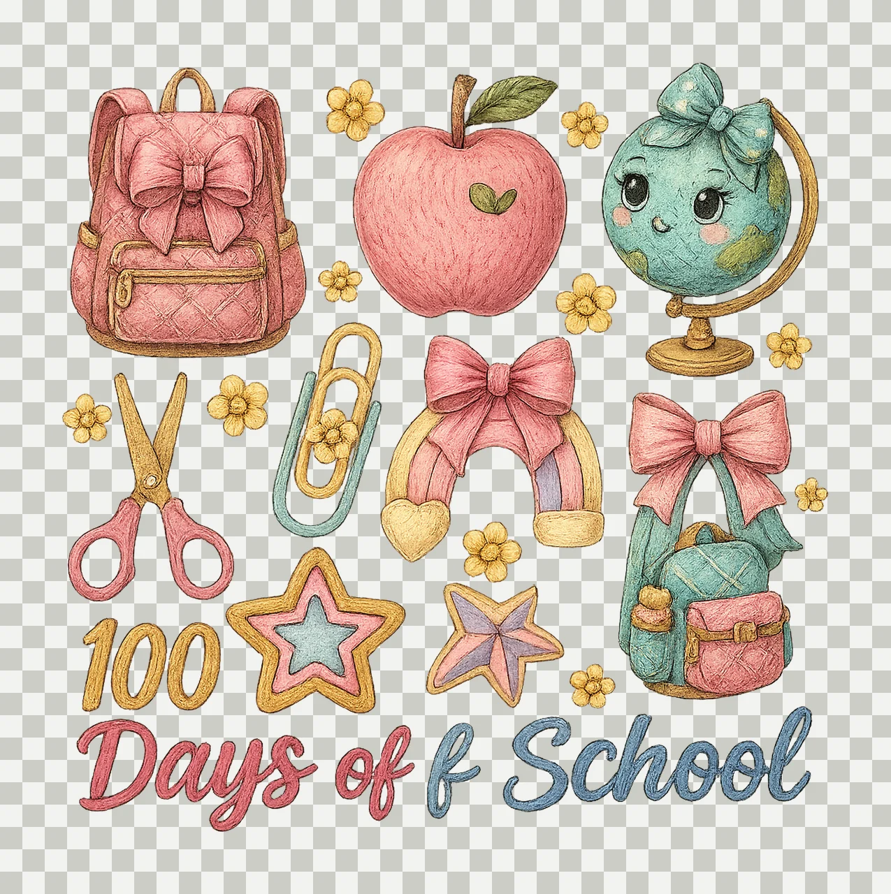 100 Days of School Artwork Coquette Pastel School Supplies transparency and detail preview thumbnail