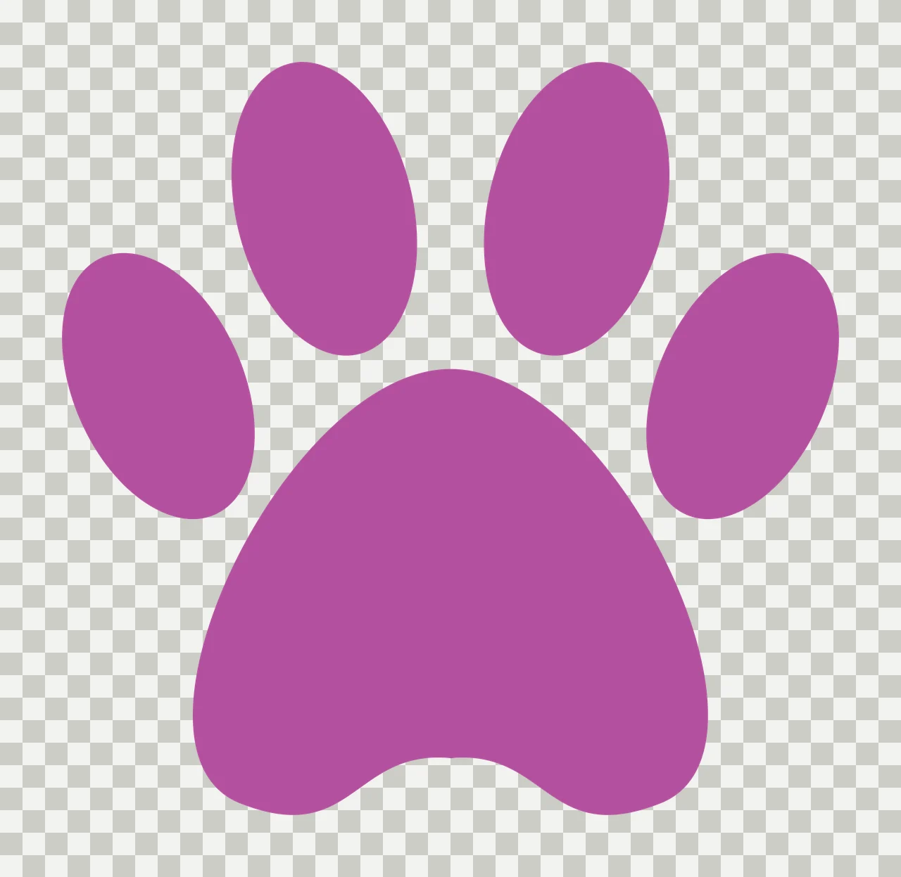 Paw print Illustration with main pad and four oval toe pads in purple and white transparency and detail preview thumbnail
