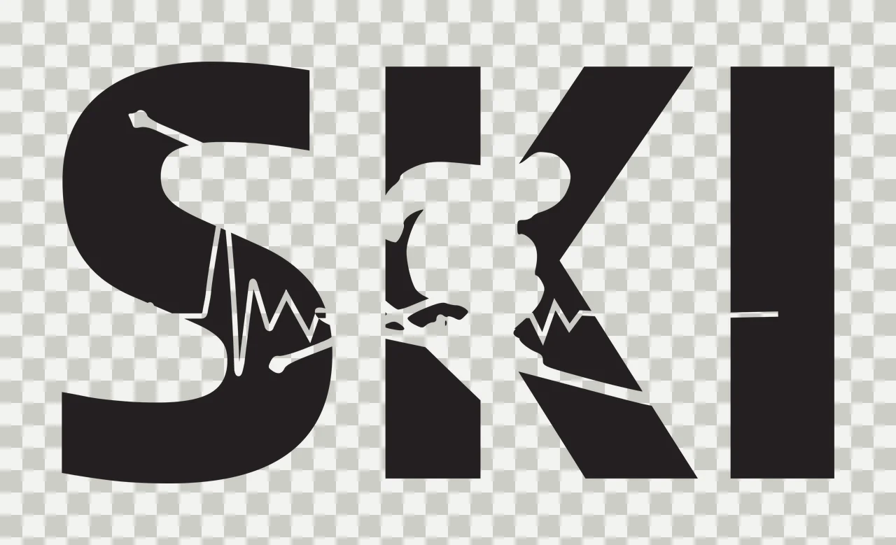 SKI SKI logo Design with black letters S K I, white skier silhouette and white heartbeat line transparency and detail preview thumbnail