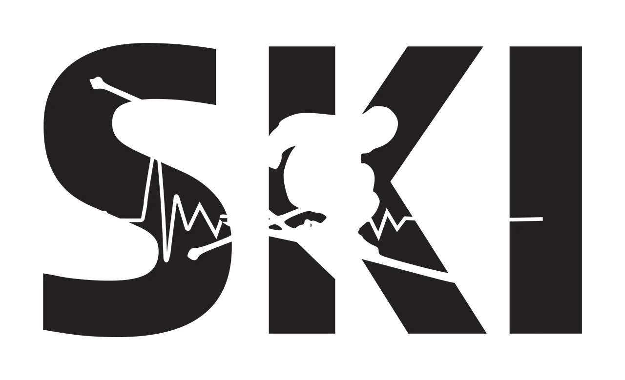 SKI SKI logo Design with black letters S K I, white skier silhouette and white heartbeat line