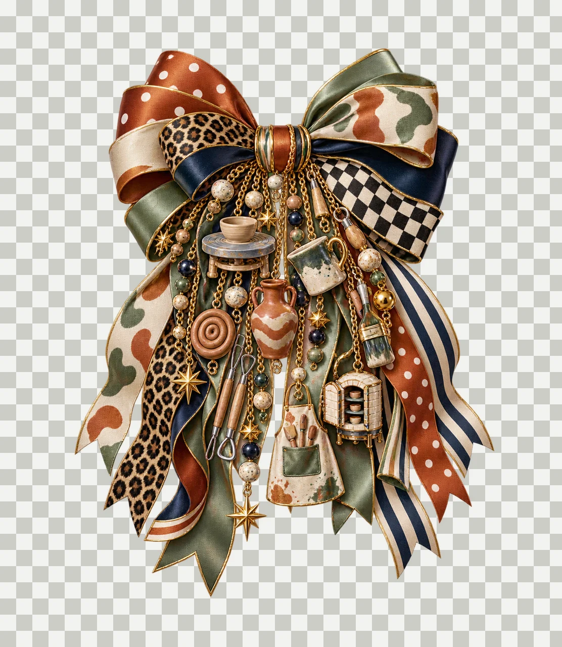 Pottery Ceramics Maker Bow Charm PNG, Themed Gold Chain Charms, Coquette Ribbon Sublimation Design, Transparent Digital Download transparency and detail preview thumbnail