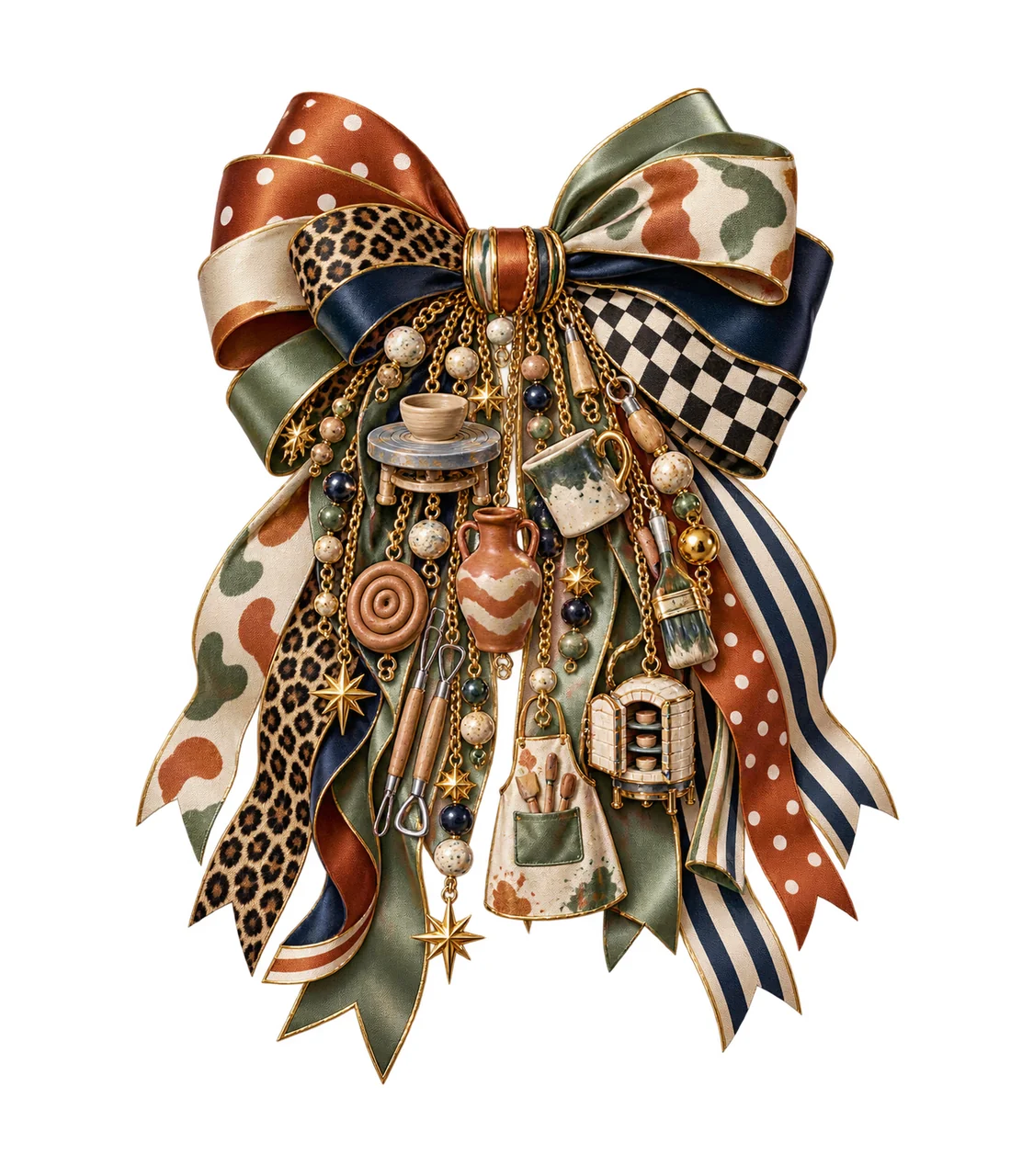 Pottery Ceramics Maker Bow Charm PNG, Themed Gold Chain Charms, Coquette Ribbon Sublimation Design, Transparent Digital Download
