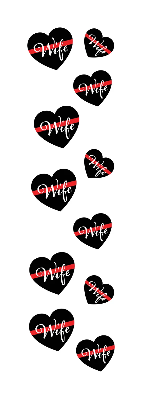 Wife Typography Design with black heart, red diagonal stripe and white cursive 'Wife'