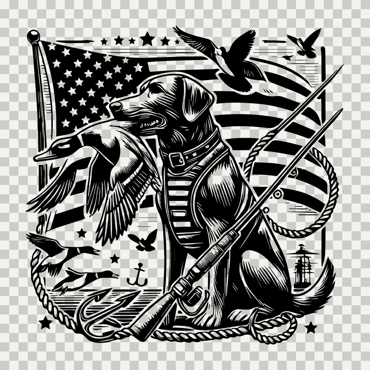 Duck Flag Hunting Dog holding anchor rope lighthouse birds transparency and detail preview thumbnail