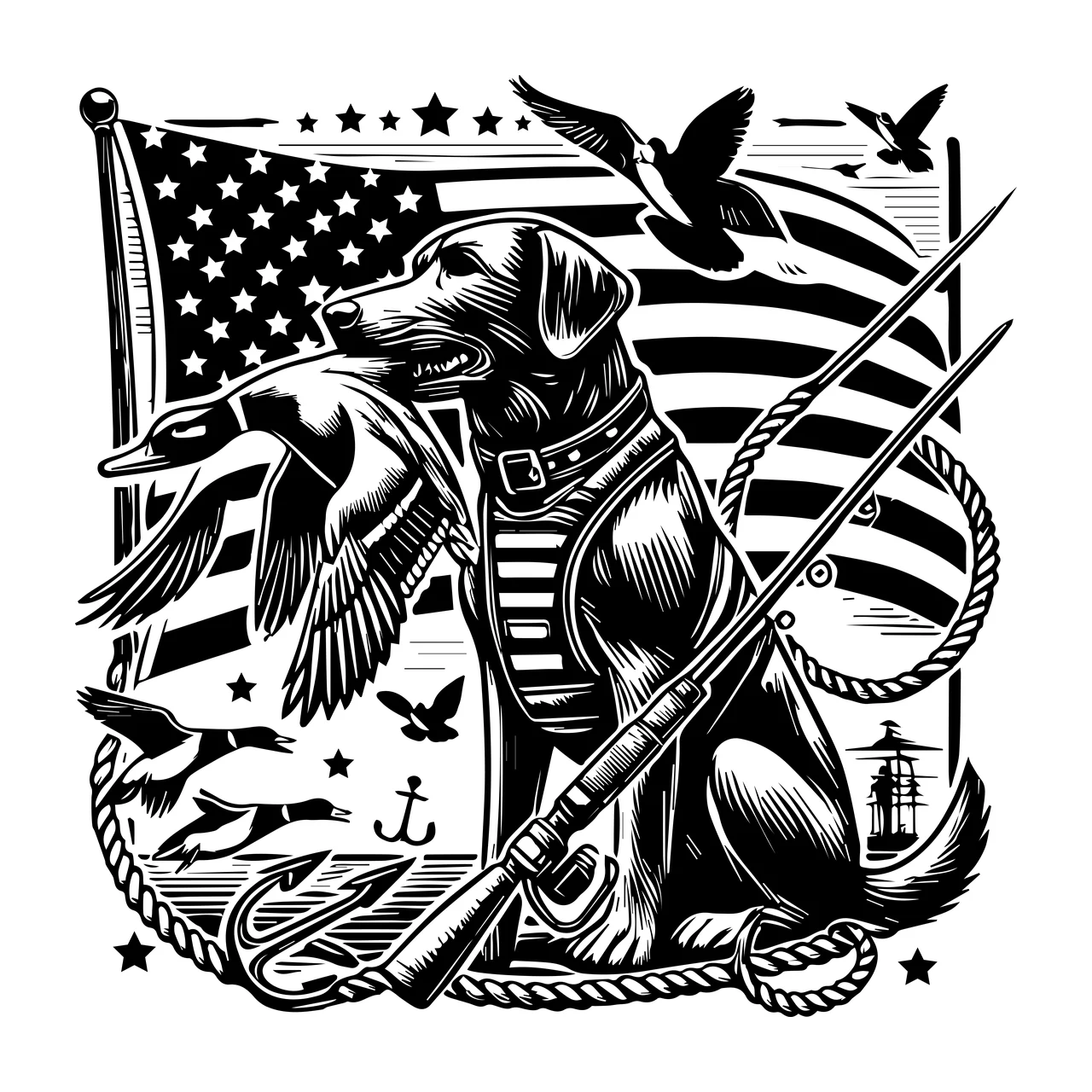 Duck Flag Hunting Dog holding anchor rope lighthouse birds