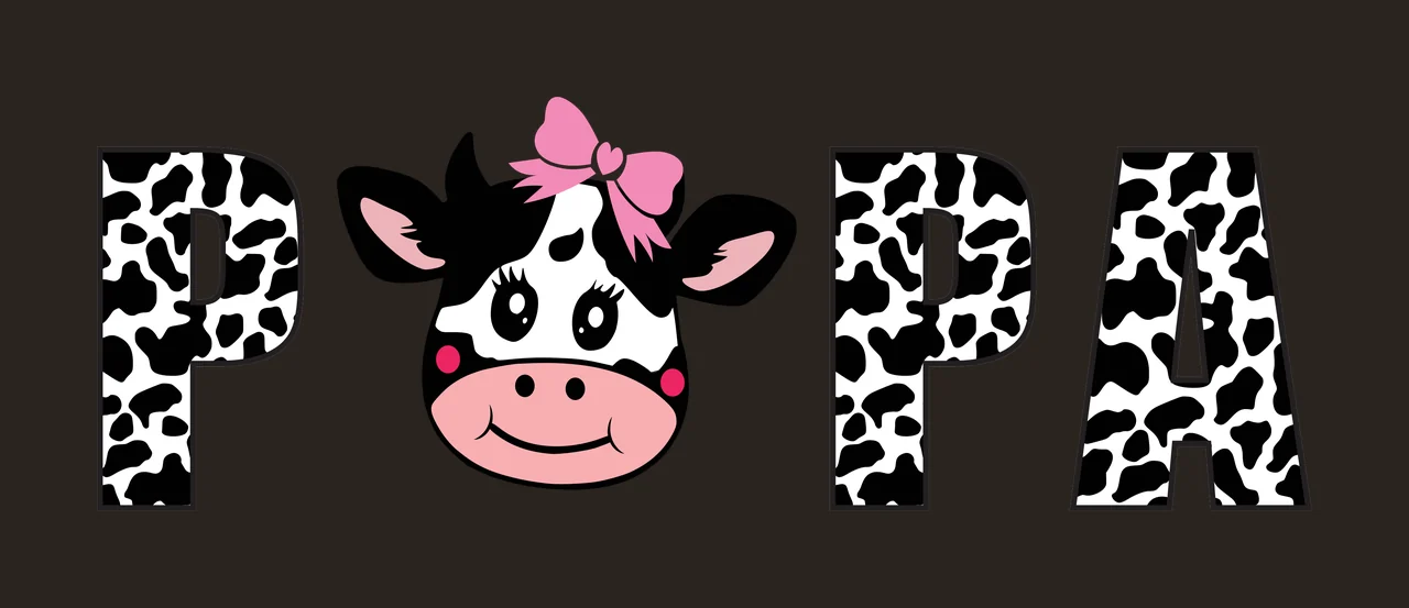 POPA Typography Design with cow print pattern, cartoon cow face, pink bow and letters P P A in black and white contrast preview thumbnail