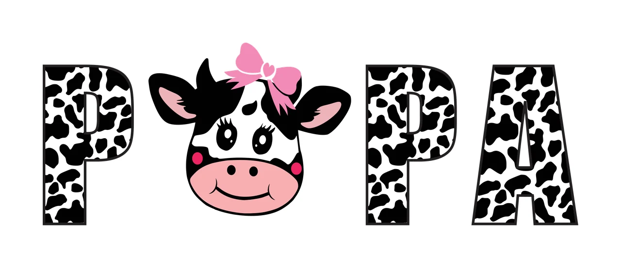 POPA Typography Design with cow print pattern, cartoon cow face, pink bow and letters P P A in black and white