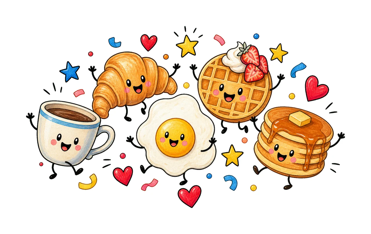 Happy Breakfast Food Doodle Cute Smiling Variation A