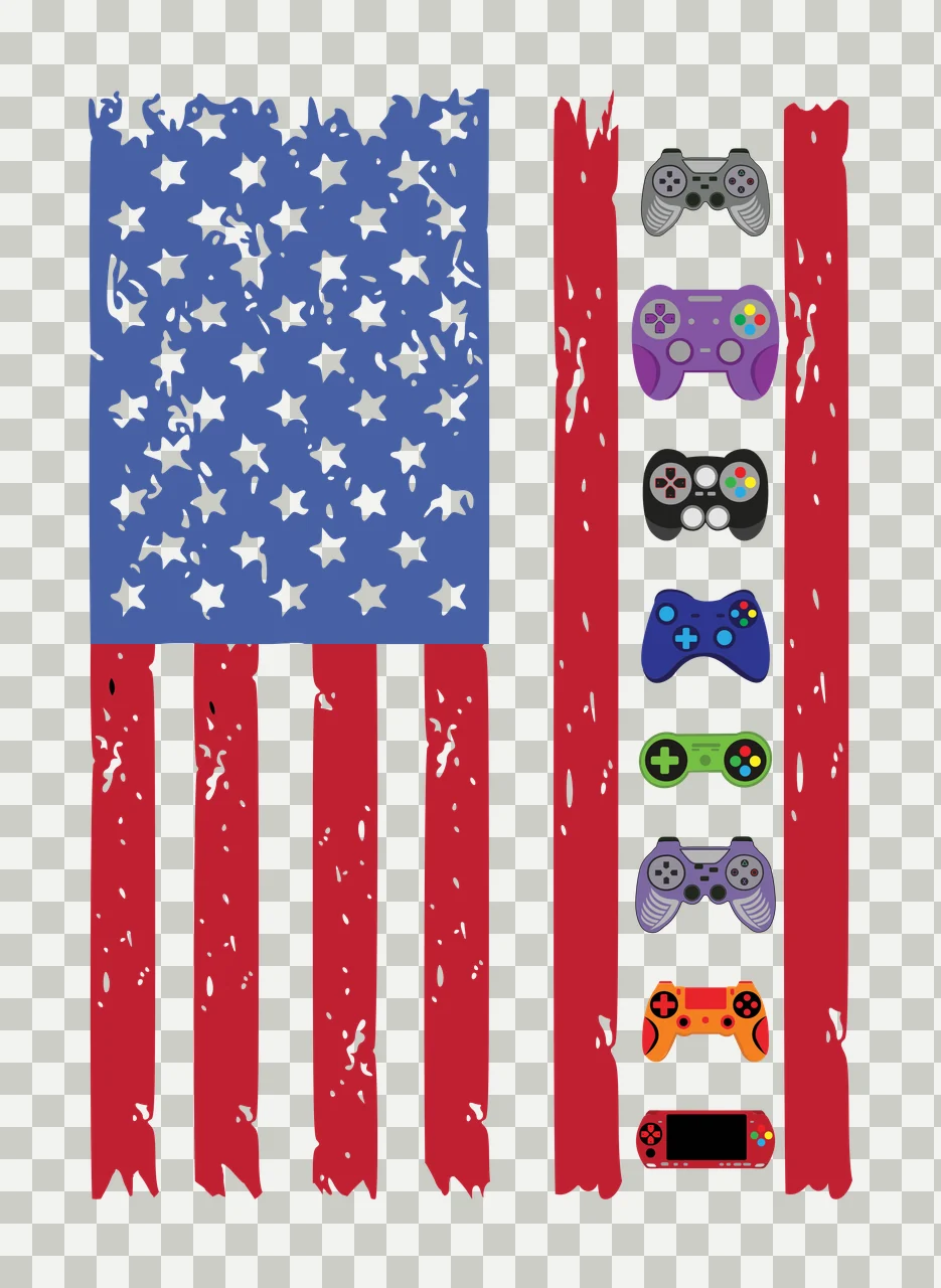 American flag with vertical column of video game controllers Illustration with blue field with white stars, red and white vertical stripes, gray game controller and purple game controller transparency and detail preview thumbnail