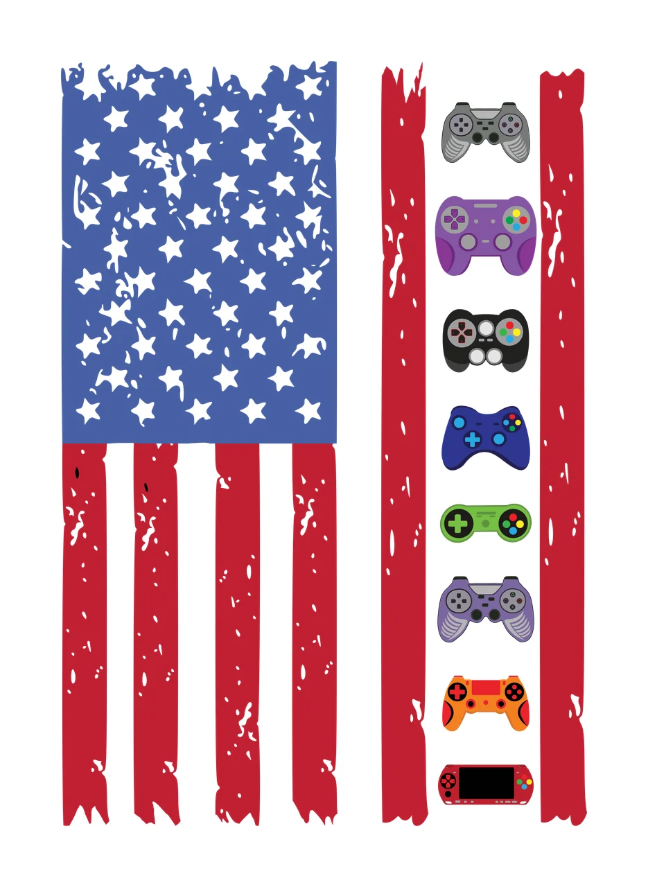American flag with vertical column of video game controllers Illustration with blue field with white stars, red and white vertical stripes, gray game controller and purple game controller