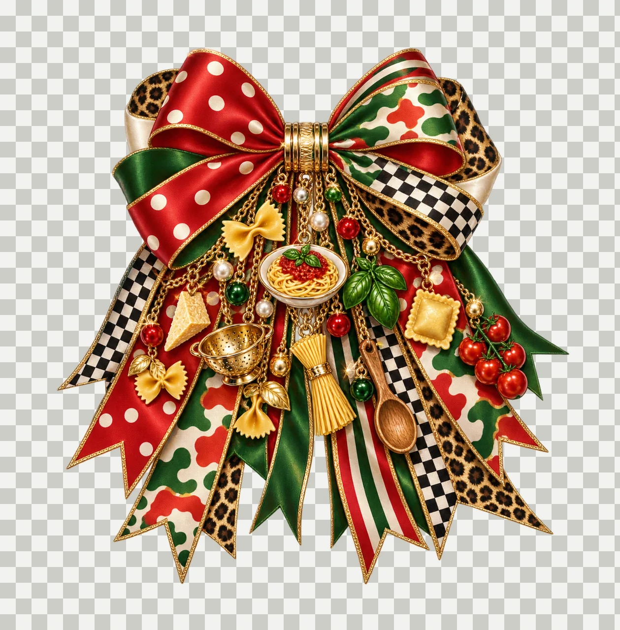 Pasta Lover Bow Charm PNG, Themed Gold Chain Charms, Coquette Ribbon Sublimation Design, Transparent Digital Download transparency and detail preview thumbnail