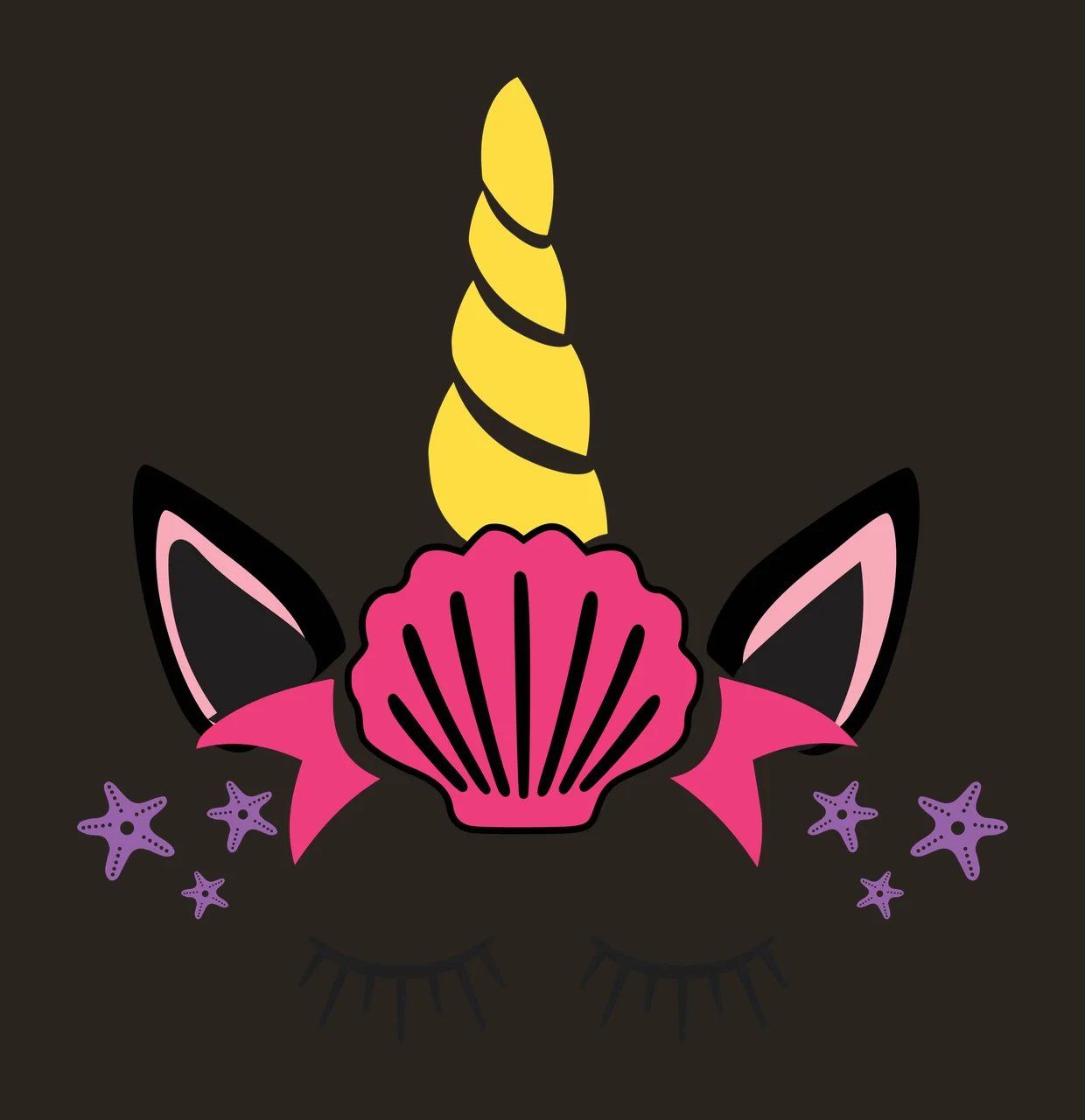 Unicorn head design with sea theme with yellow unicorn horn, pink seashell, black ears with pink lining and closed eyelashes contrast preview thumbnail