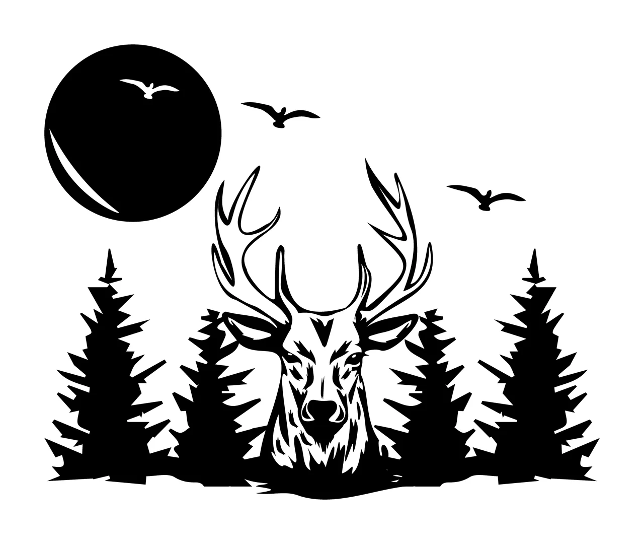Deer Head Forest Moon Silhouette Graphic trees birds black