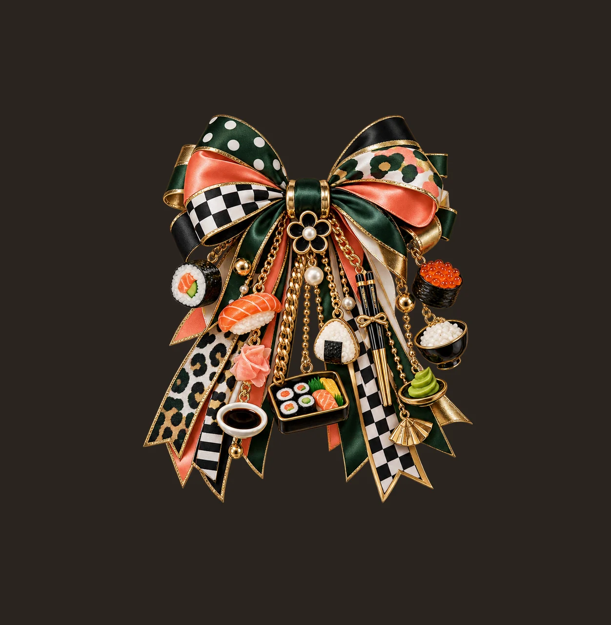 Sushi Lover Bow Charm PNG, Themed Gold Chain Charms, Coquette Ribbon Sublimation Design, Transparent Digital Download contrast preview thumbnail