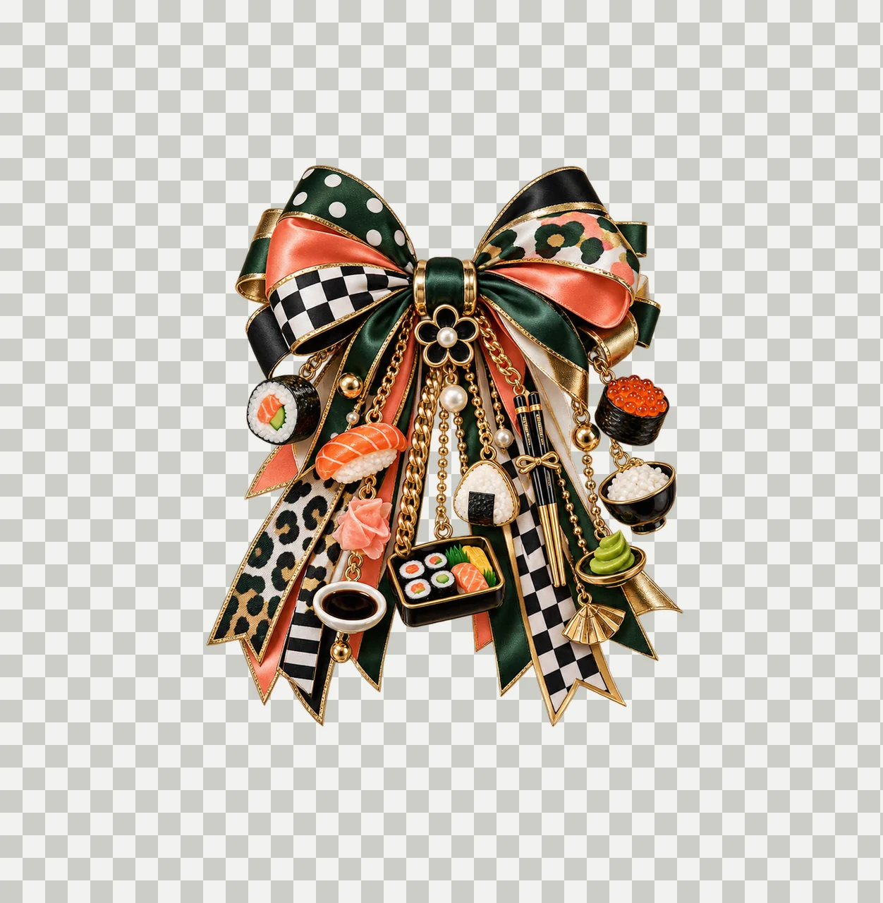 Sushi Lover Bow Charm PNG, Themed Gold Chain Charms, Coquette Ribbon Sublimation Design, Transparent Digital Download transparency and detail preview thumbnail