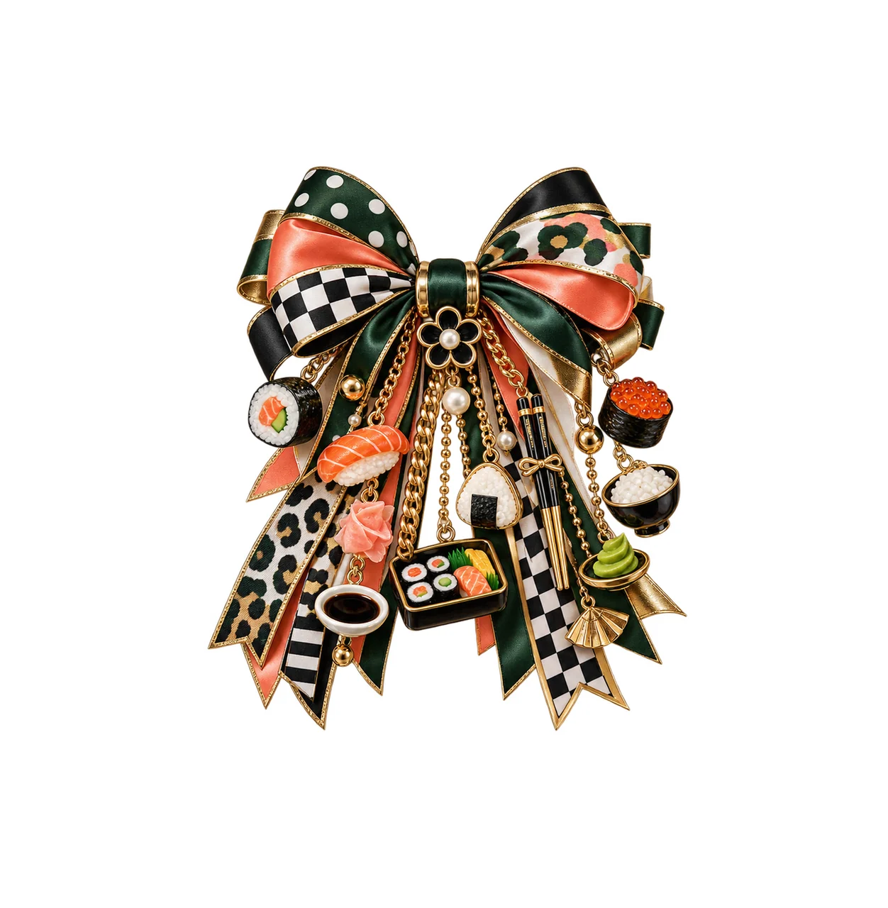 Sushi Lover Bow Charm PNG, Themed Gold Chain Charms, Coquette Ribbon Sublimation Design, Transparent Digital Download