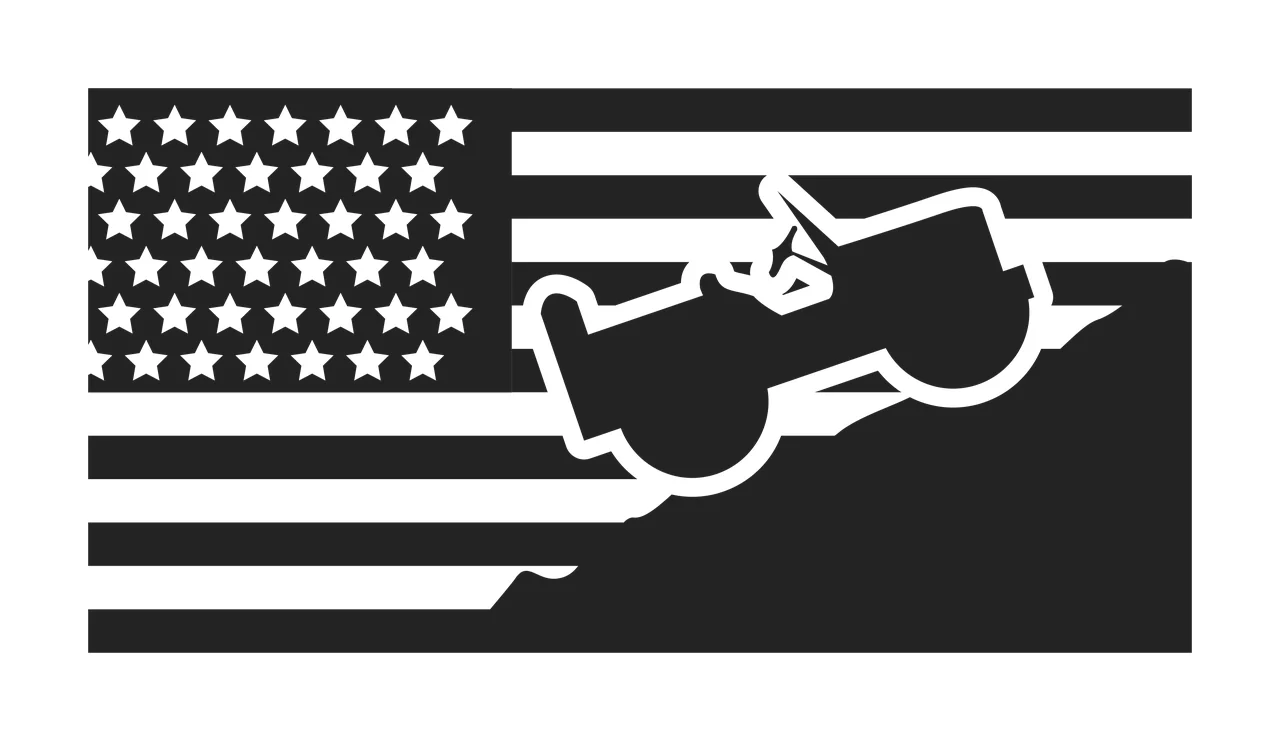 Snowmobile silhouette over American flag design with American flag with stars and stripes and white snowmobile outline in black