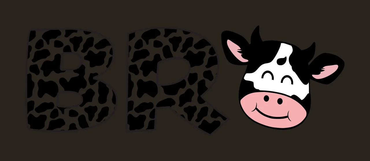 BR cow print typography and cartoon cow head with letter B, cow spot pattern, pink muzzle and horns in black and white contrast preview thumbnail