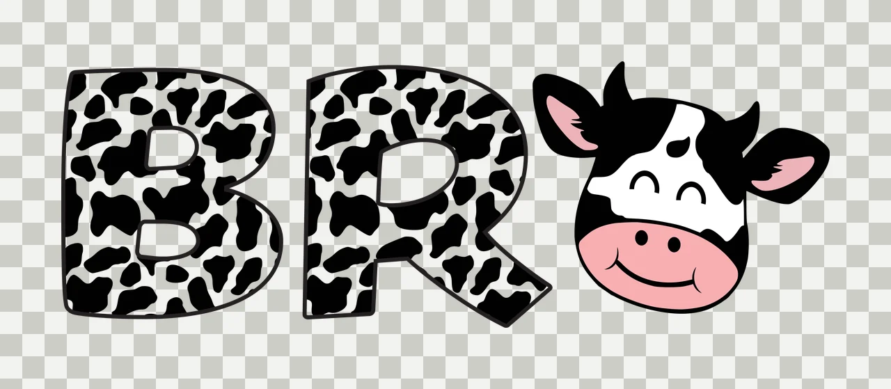 BR cow print typography and cartoon cow head with letter B, cow spot pattern, pink muzzle and horns in black and white transparency and detail preview thumbnail