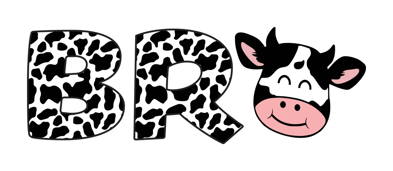 BR cow print typography and cartoon cow head with letter B, cow spot pattern, pink muzzle and horns in black and white