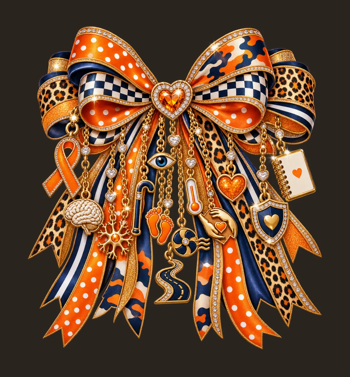 Multiple Sclerosis Awareness Bow Charm PNG, Themed Gold Chain Charms, Coquette Ribbon Sublimation Design, Transparent Digital Download contrast preview thumbnail