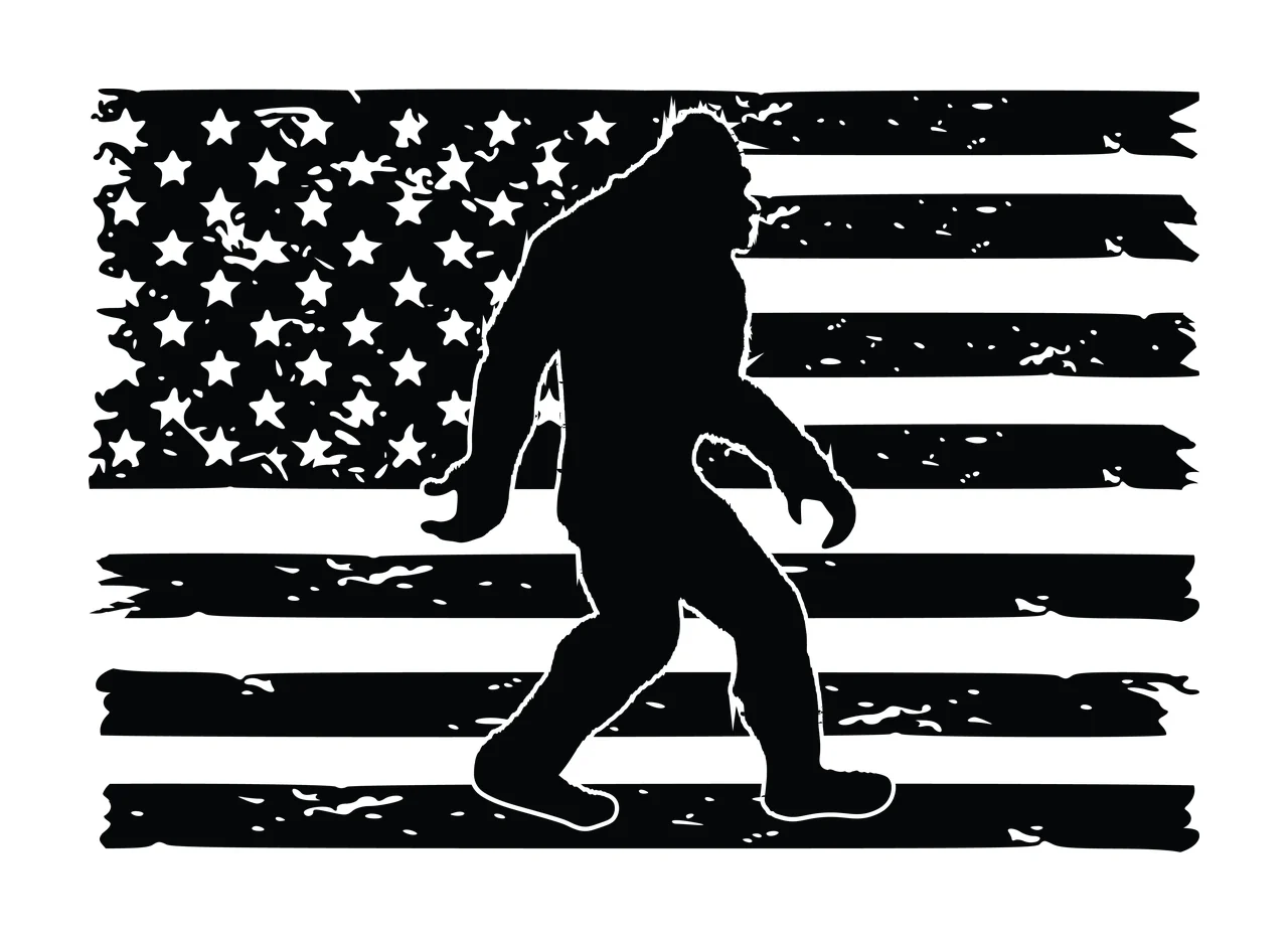 Flag Bigfoot Walking Before Distressed Stripes stars silhouette