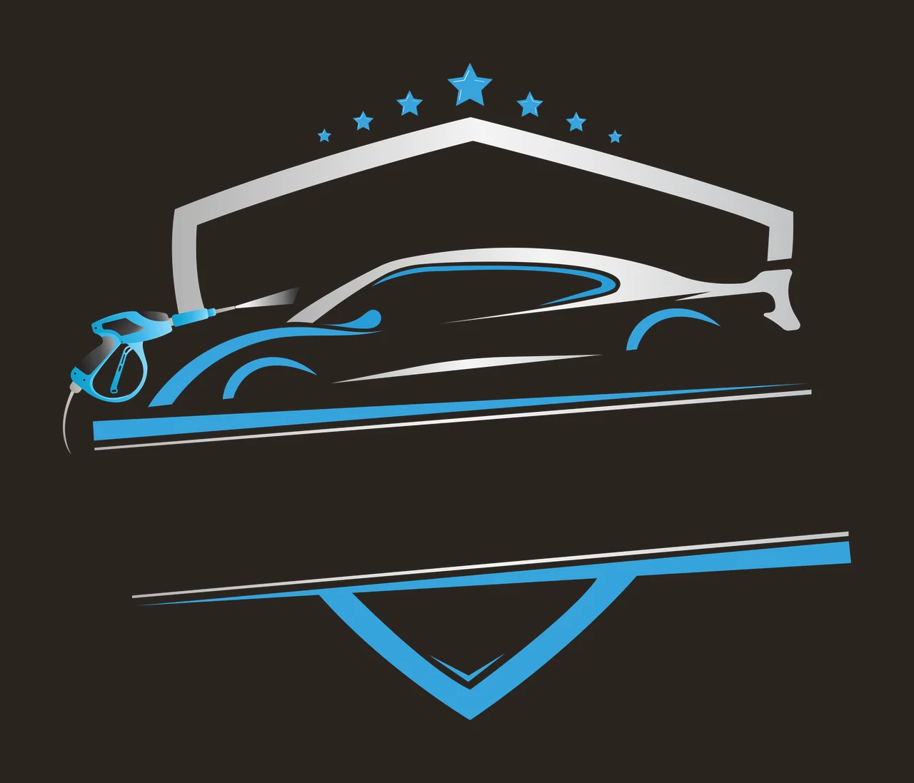 Car wash service logo design with blue pressure washer, silver car silhouette, five blue stars and gray shield outline contrast preview thumbnail