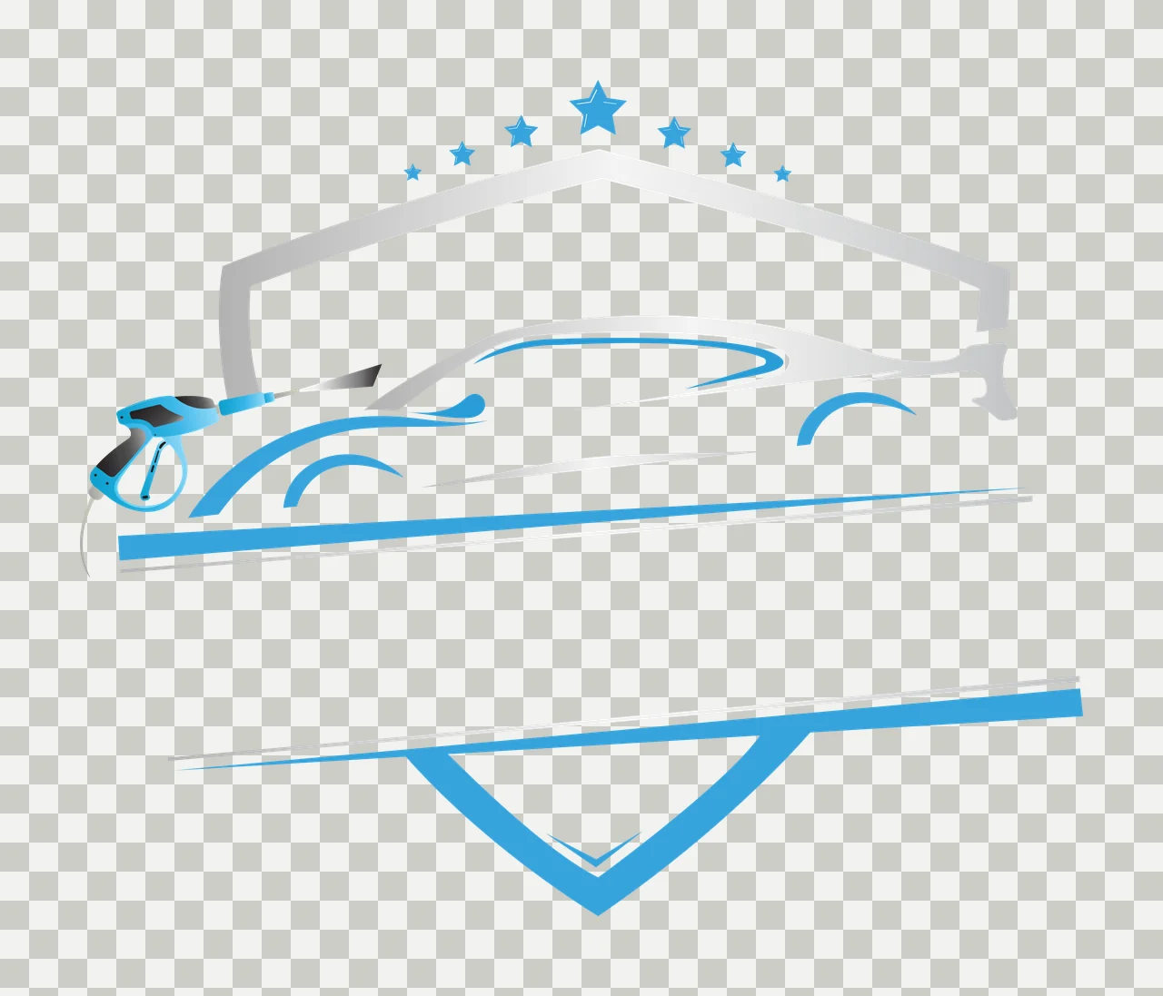 Car wash service logo design with blue pressure washer, silver car silhouette, five blue stars and gray shield outline transparency and detail preview thumbnail