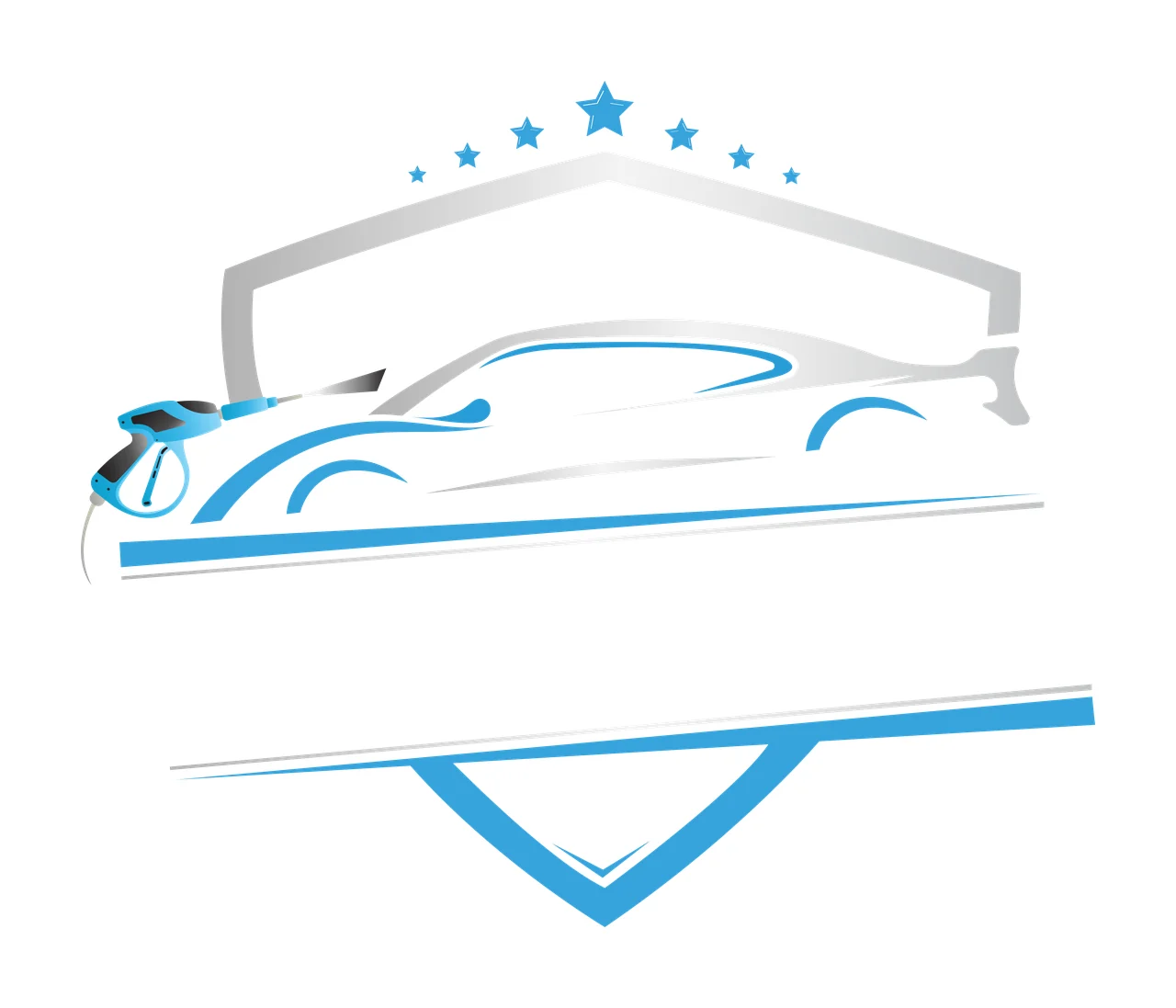 Car wash service logo design with blue pressure washer, silver car silhouette, five blue stars and gray shield outline