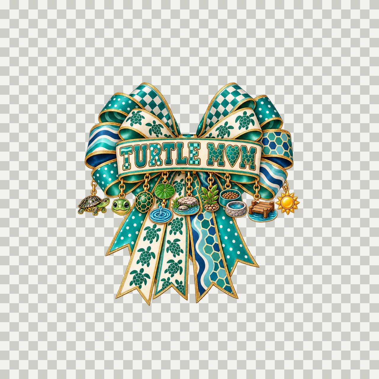 Turtle Mom Bow Charm PNG, Patterned Varsity Mom Ribbon Clipart, Transparent Sublimation Digital Download transparency and detail preview thumbnail