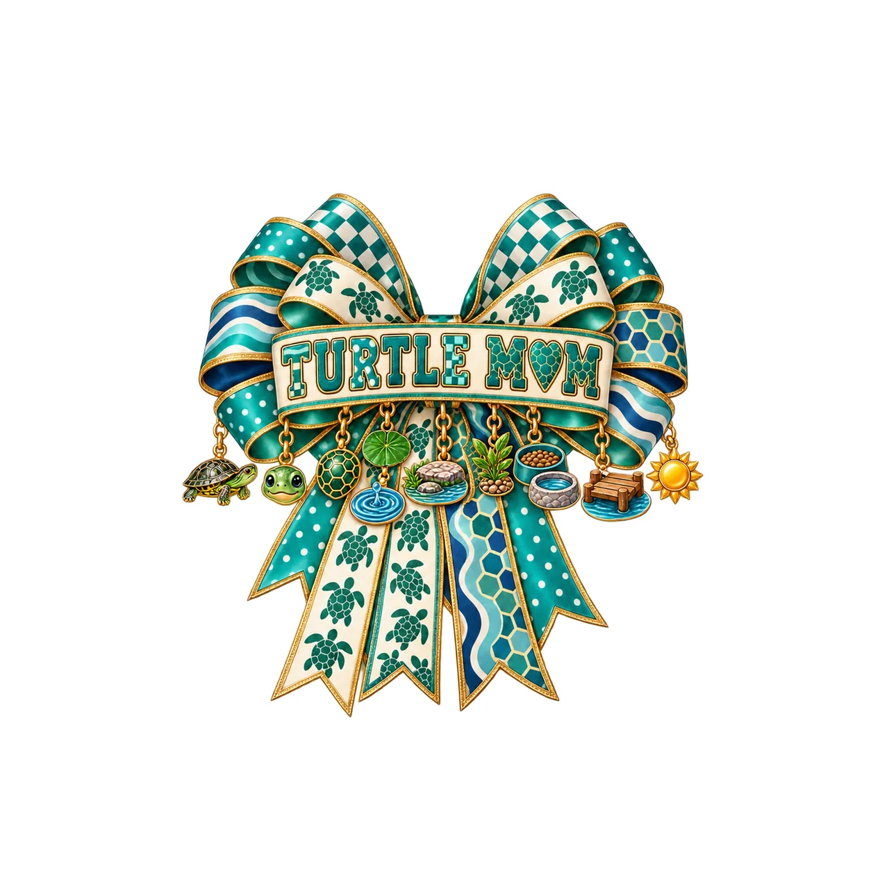 Turtle Mom Bow Charm PNG, Patterned Varsity Mom Ribbon Clipart, Transparent Sublimation Digital Download