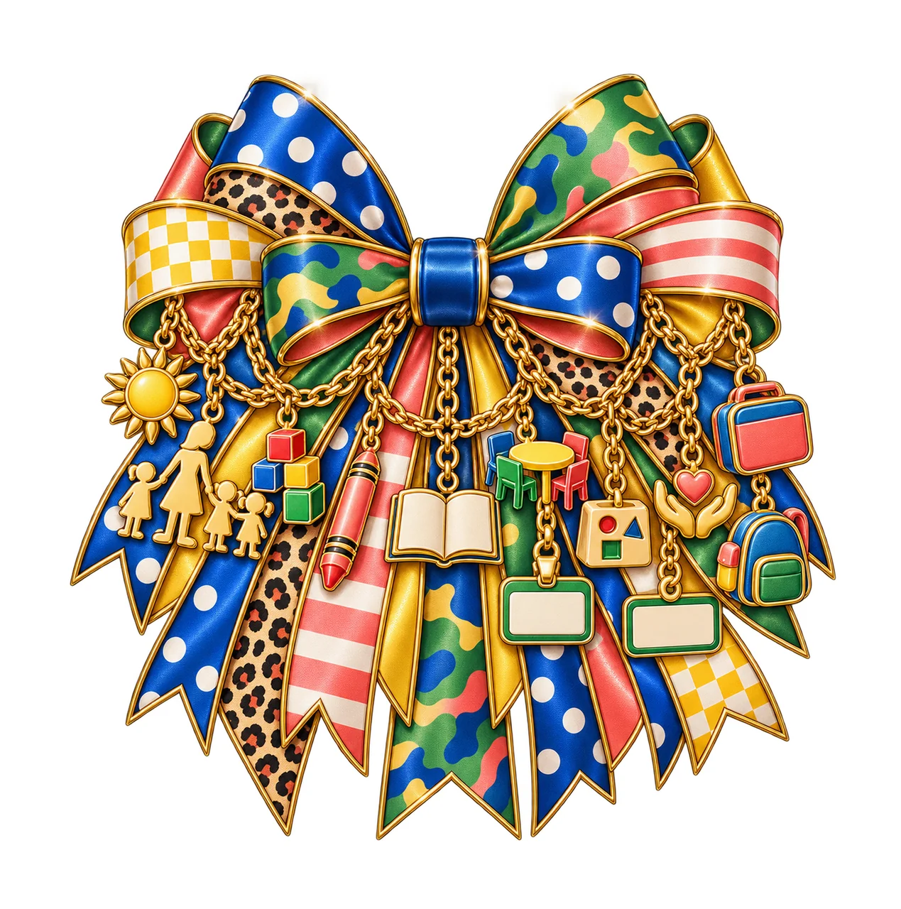 Daycare Teacher Bow Charm PNG, Gold Chain Charms, Transparent Sublimation Design, Digital Download