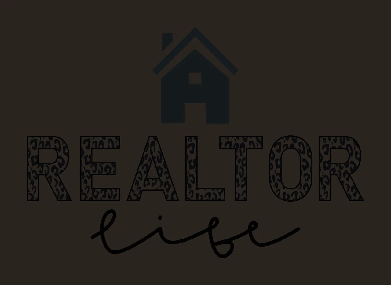 REALTOR life Typography Design with black house icon, leopard-print letters R E A L T O R, cursive black 'life' and white background contrast preview thumbnail