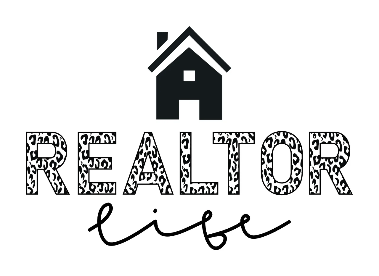 REALTOR life Typography Design with black house icon, leopard-print letters R E A L T O R, cursive black 'life' and white background