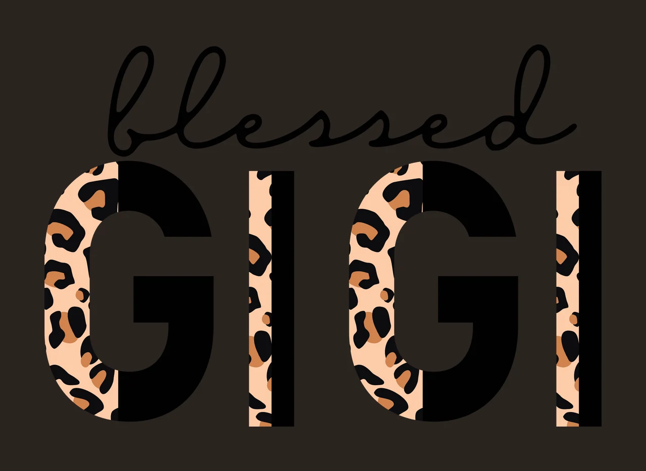 Blessed GIGI Typography Design with cursive script font, block letters, leopard print pattern and split dual tone effect in black, tan and brown contrast preview thumbnail
