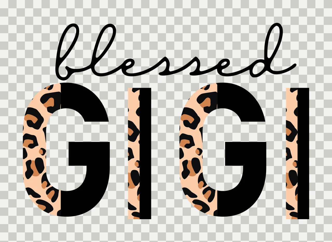Blessed GIGI Typography Design with cursive script font, block letters, leopard print pattern and split dual tone effect in black, tan and brown transparency and detail preview thumbnail