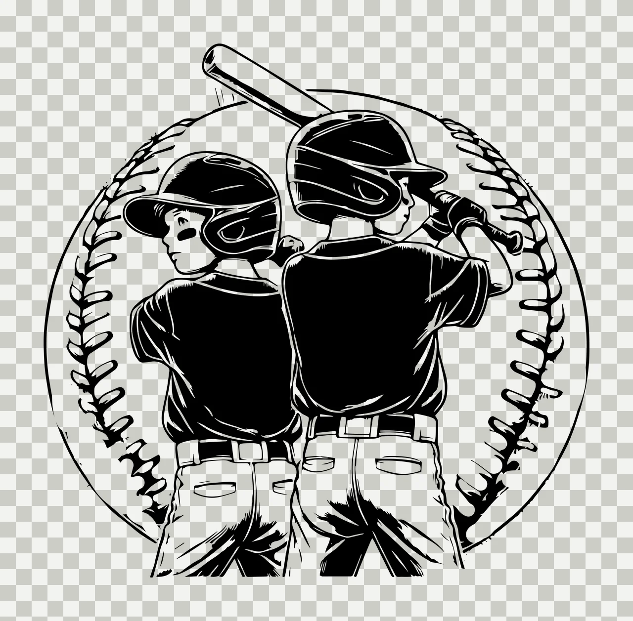 Baseball Two Players With Bats standing bat sketch black white transparency and detail preview thumbnail