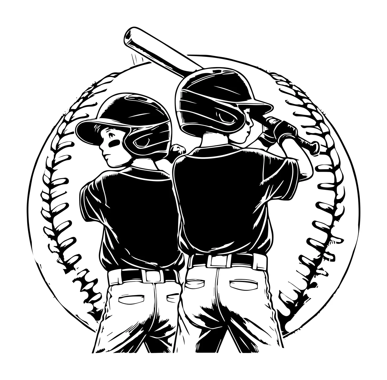 Baseball Two Players With Bats standing bat sketch black white