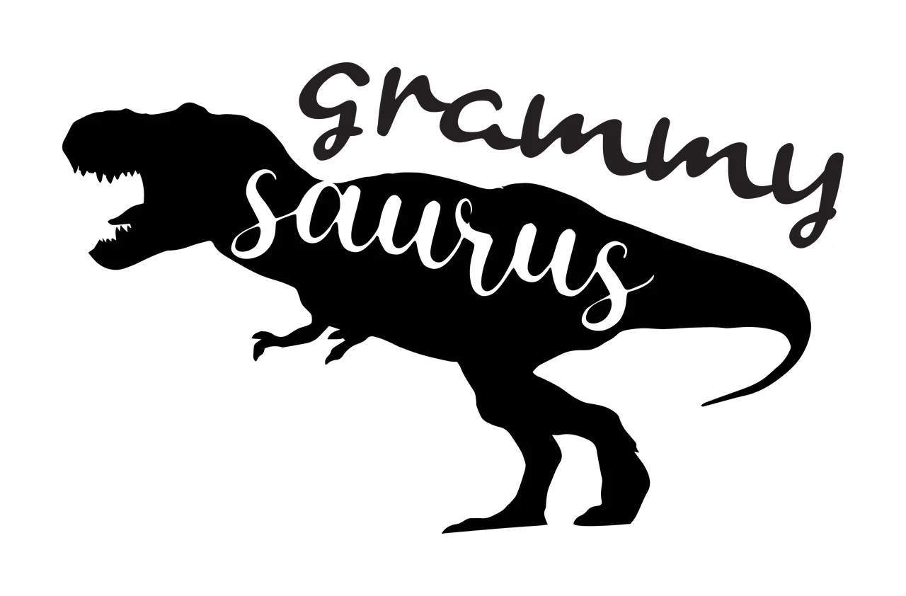 Grammy saurus dinosaur silhouette Design with Tyrannosaurus Rex silhouette, script text and cutout lettering in black and white