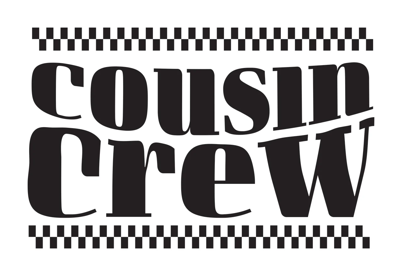 Cousin Crew Checkerboard Pattern Typography bordered black