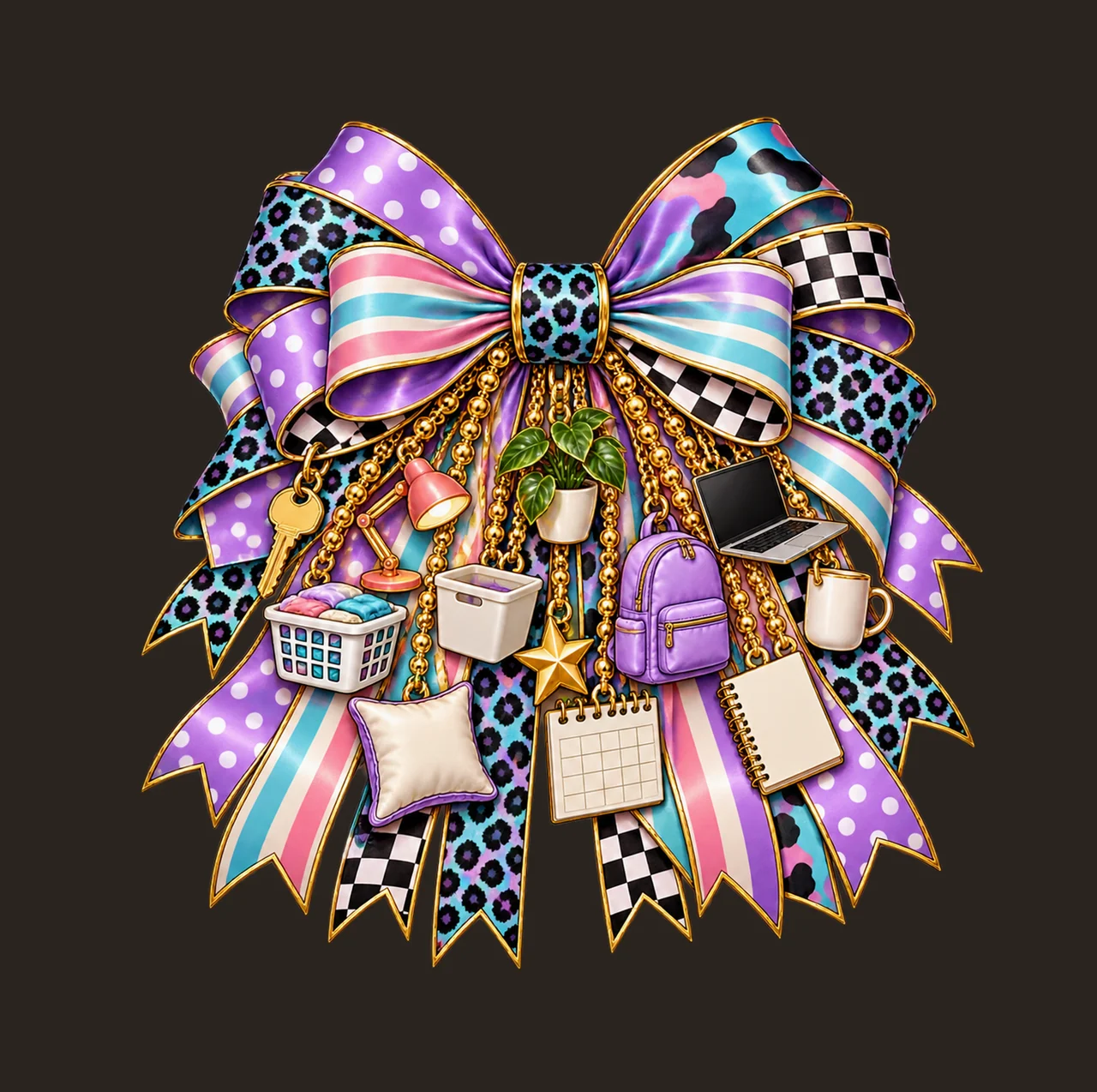 Dorm Life Bow Charm PNG, Gold Chain Charms, Transparent Sublimation Design, Digital Download contrast preview thumbnail