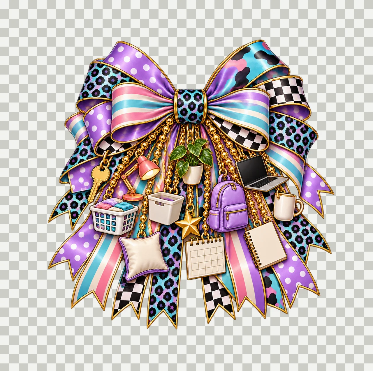Dorm Life Bow Charm PNG, Gold Chain Charms, Transparent Sublimation Design, Digital Download transparency and detail preview thumbnail