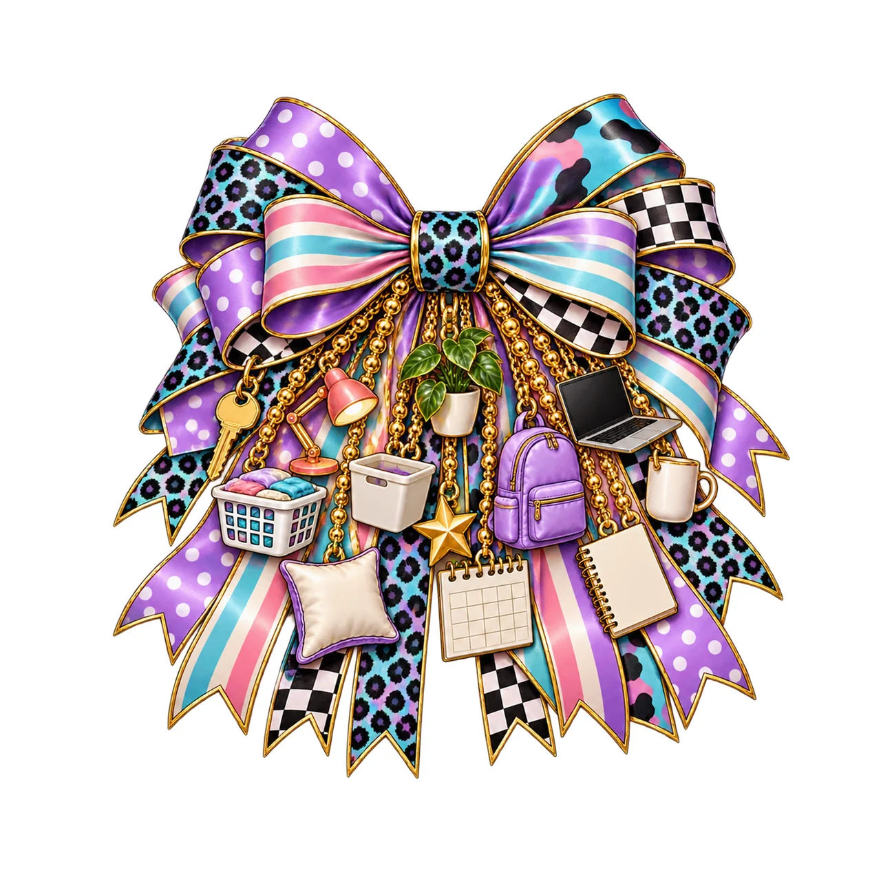 Dorm Life Bow Charm PNG, Gold Chain Charms, Transparent Sublimation Design, Digital Download