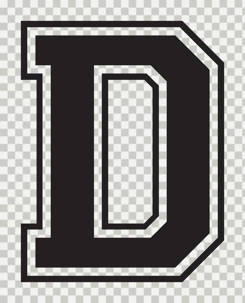 D Letter Design with double outline, block font, varsity and athletic in black and white transparency and detail preview thumbnail